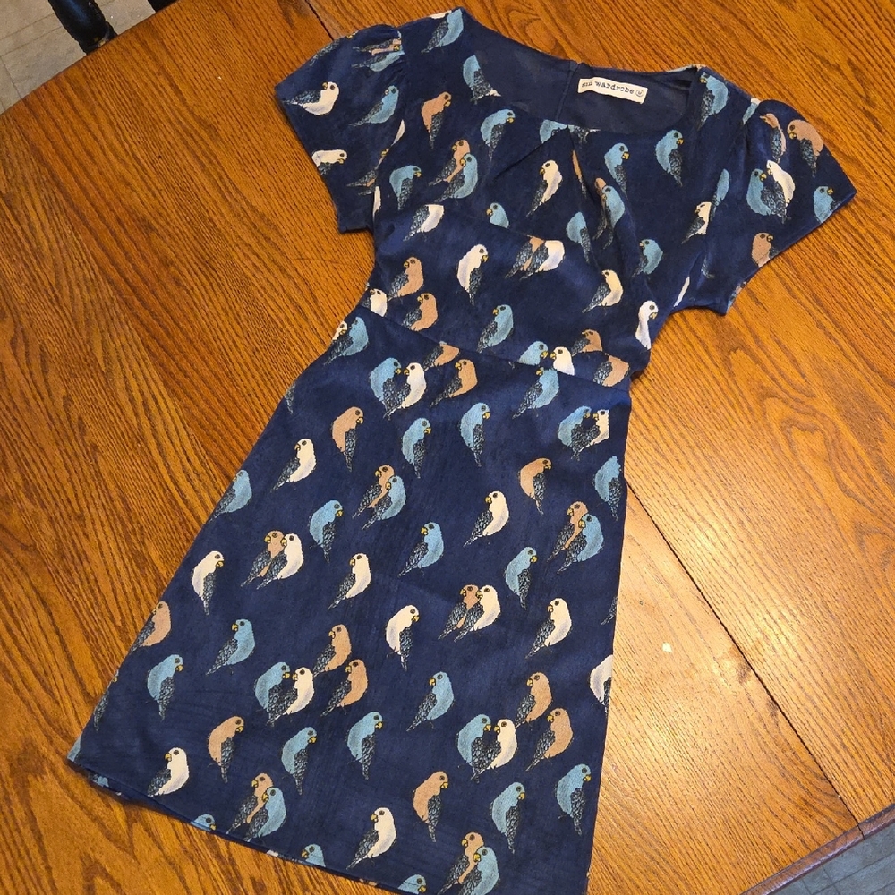 Warehouse Blue Bird Print Dress